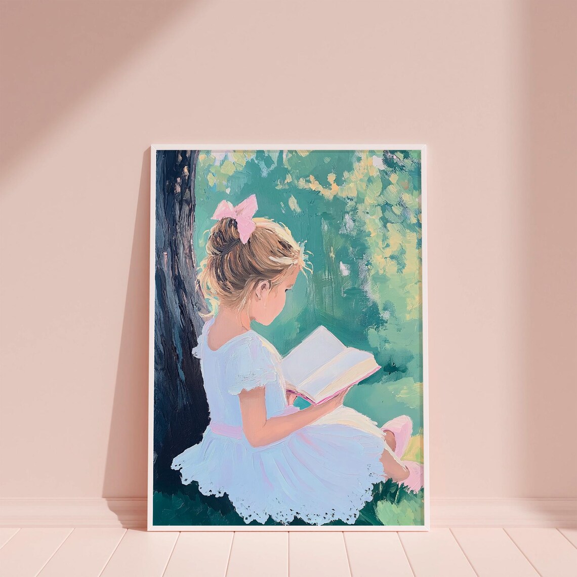 Blonde Girl Reading Under Green Tree White Dress Kids Poster - Image 6