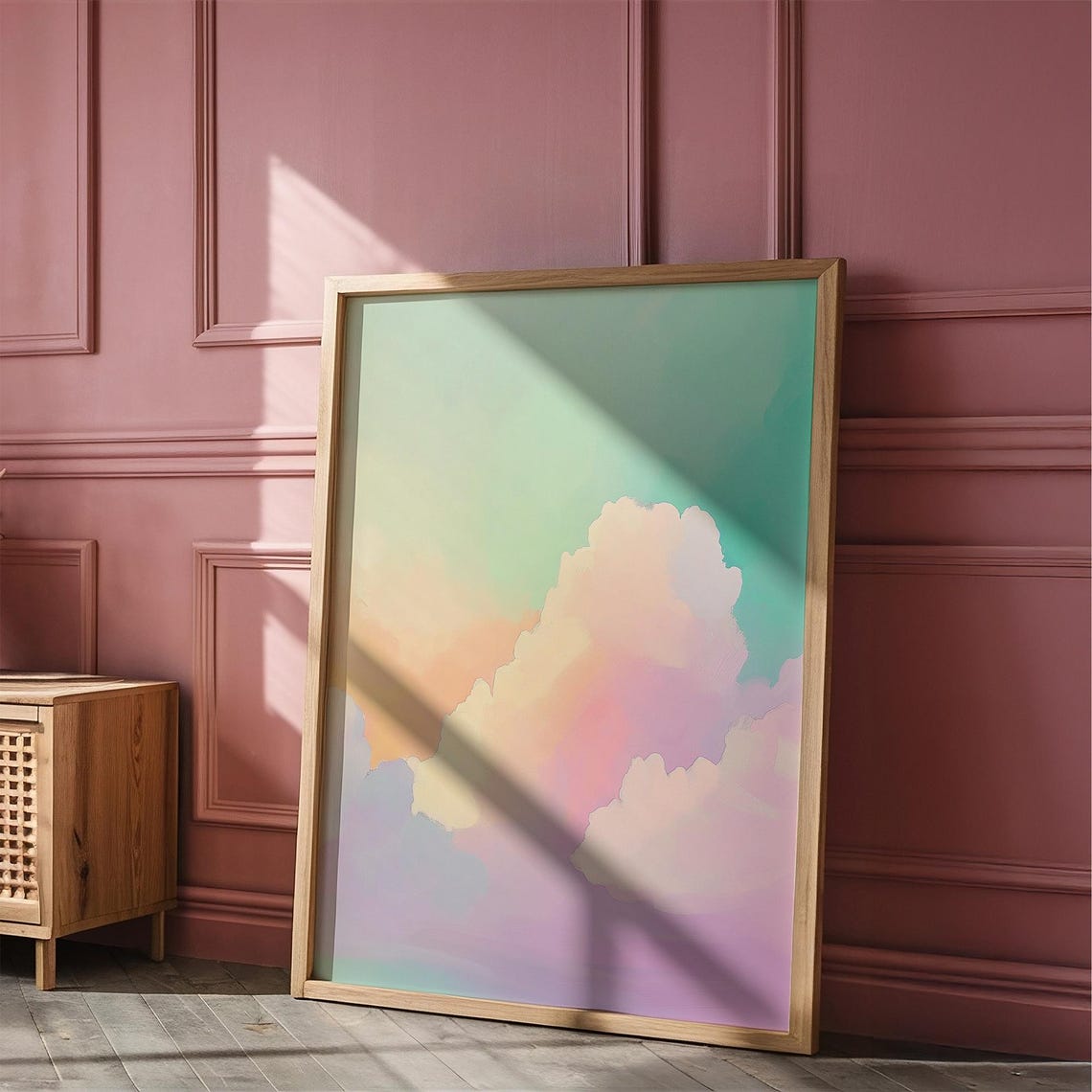 Pastel Pink Clouds Drifting Across a Dreamy Teal Sky Art Poster - Image 3