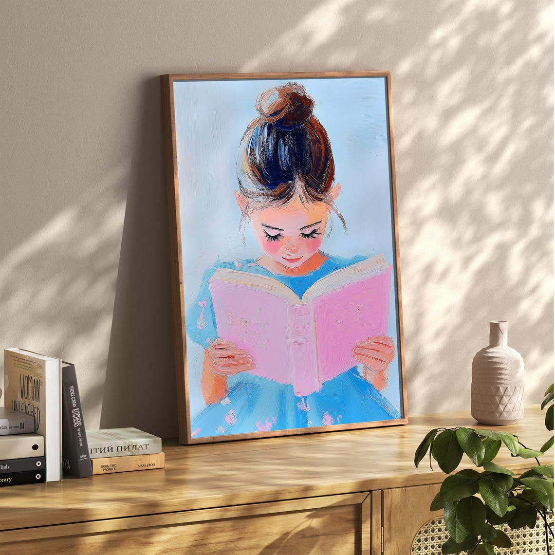 Girl in Floral Blue Dress Reading a Pink Book Nursery Decor Poster - Image 4