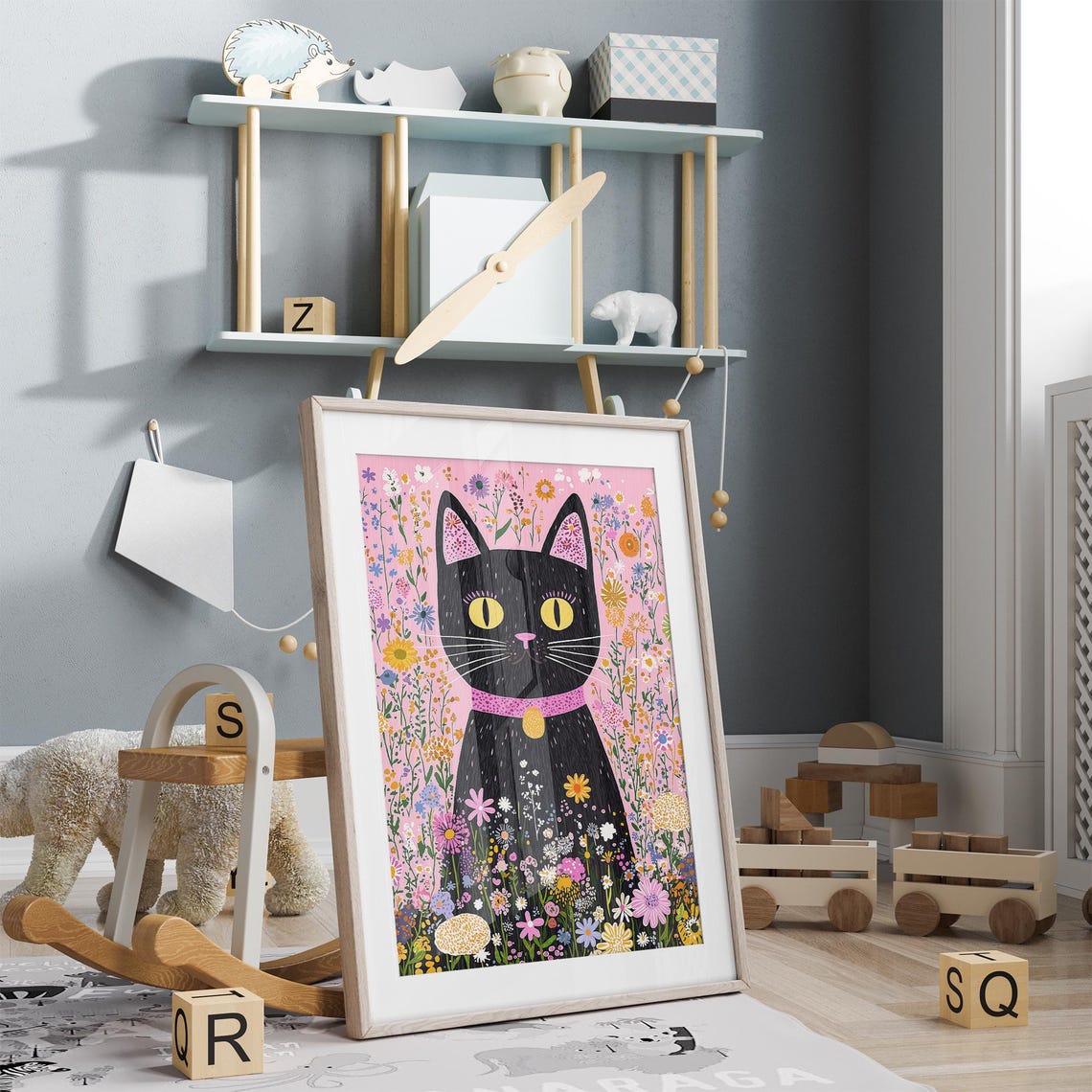 Black Cat in Blooming Wildflower Garden Whimsical Folk Art Poster - Image 2