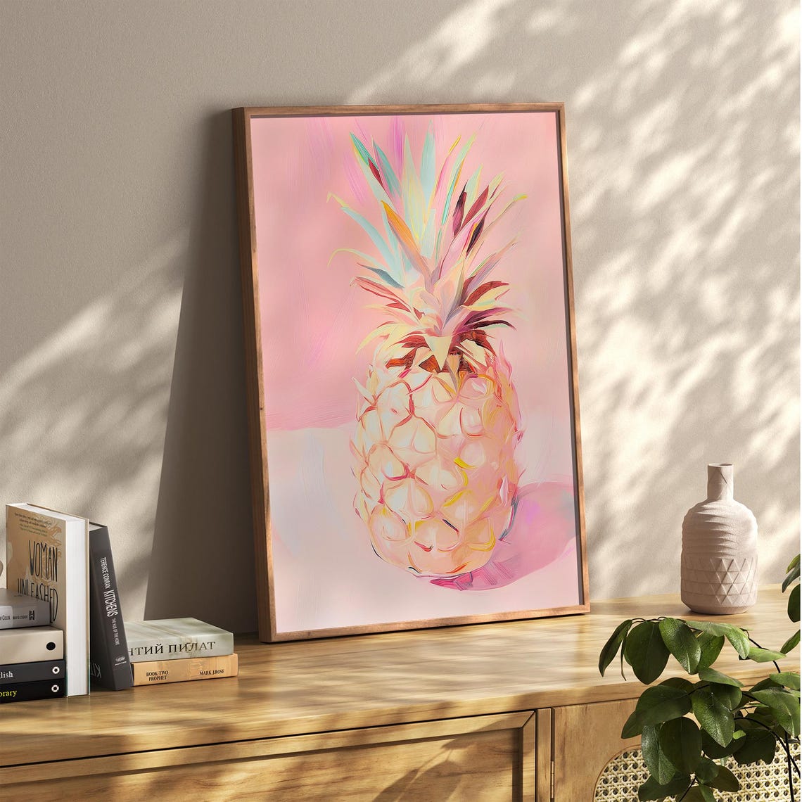 Pink Pineapple Painted Still Life Tropical Pink Kitchen Poster - Image 2