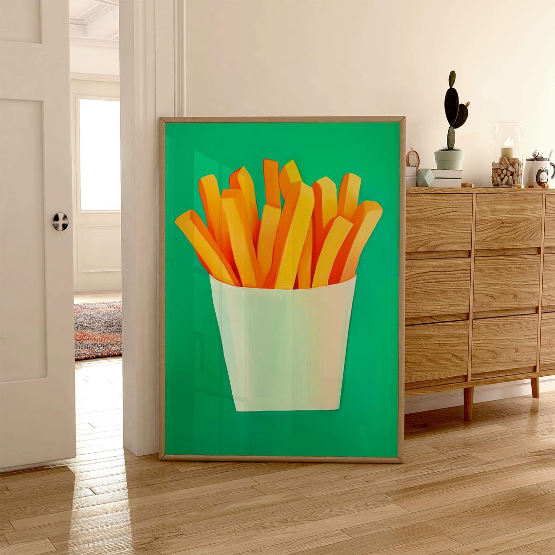 French Fries in a White Cup on Bright Green Kitchen Decor Poster - Image 5