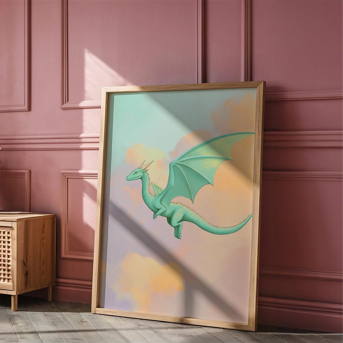 Teal Flying Dragon Soaring Over Pastel Clouds Fantasy Kids Poster - Image 6