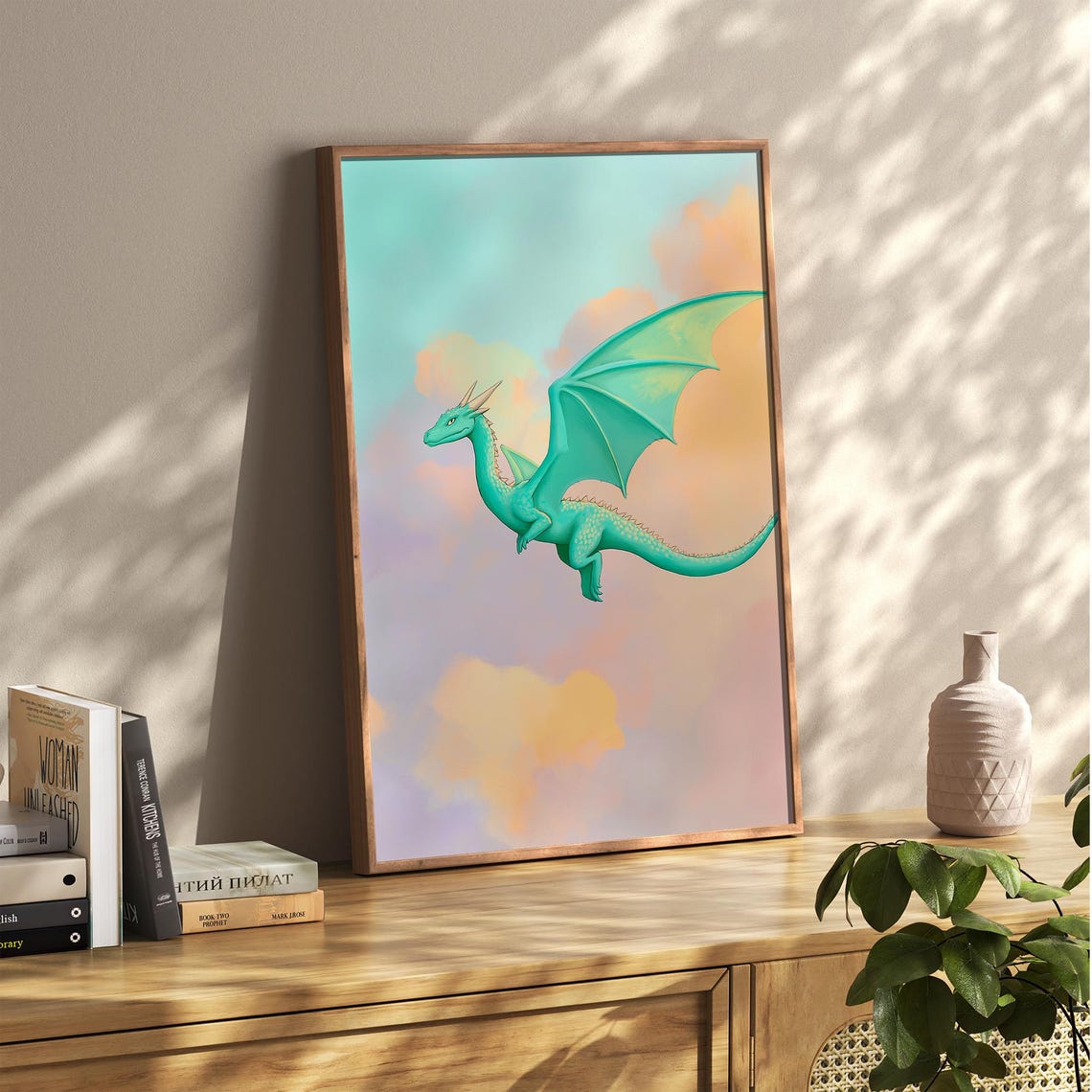 Teal Flying Dragon Soaring Over Pastel Clouds Fantasy Kids Poster - Image 2