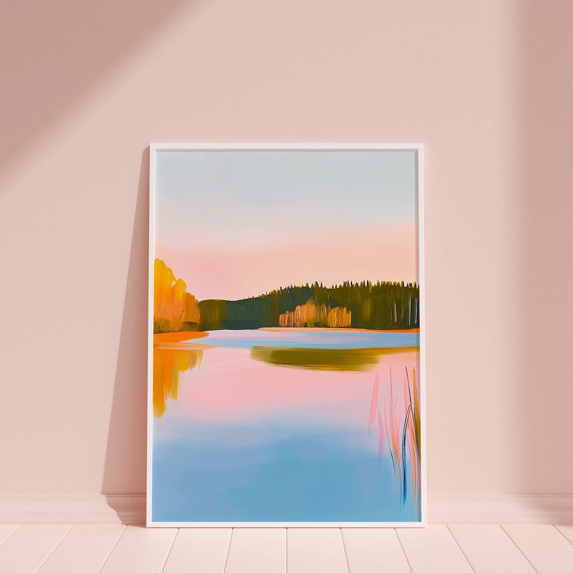 Pink Sunset Lake With Forest Reflection Calm Water Landscape Poster - Image 6