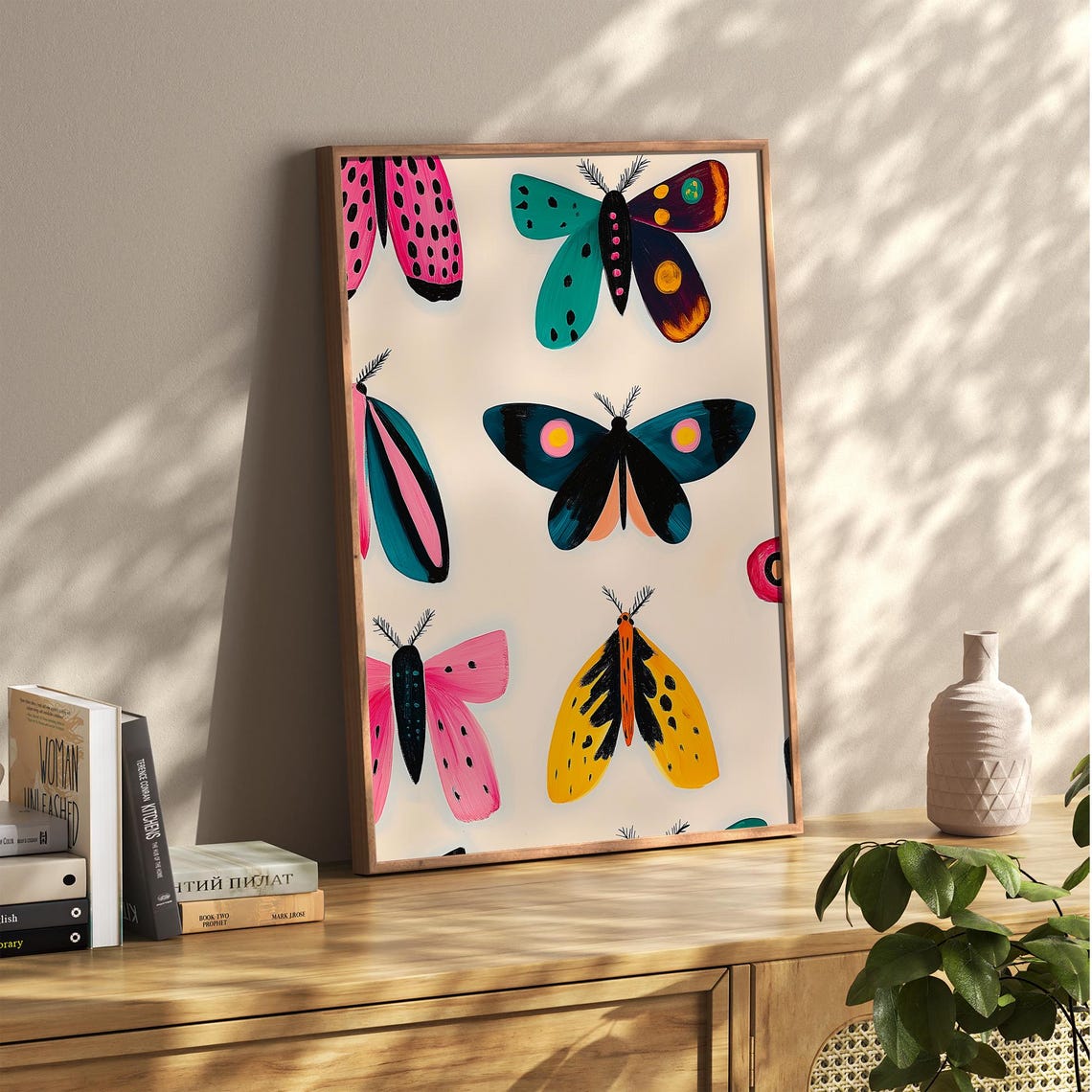 Colorful Folk Art Moths Pattern Playful Retro Insects Poster - Image 5