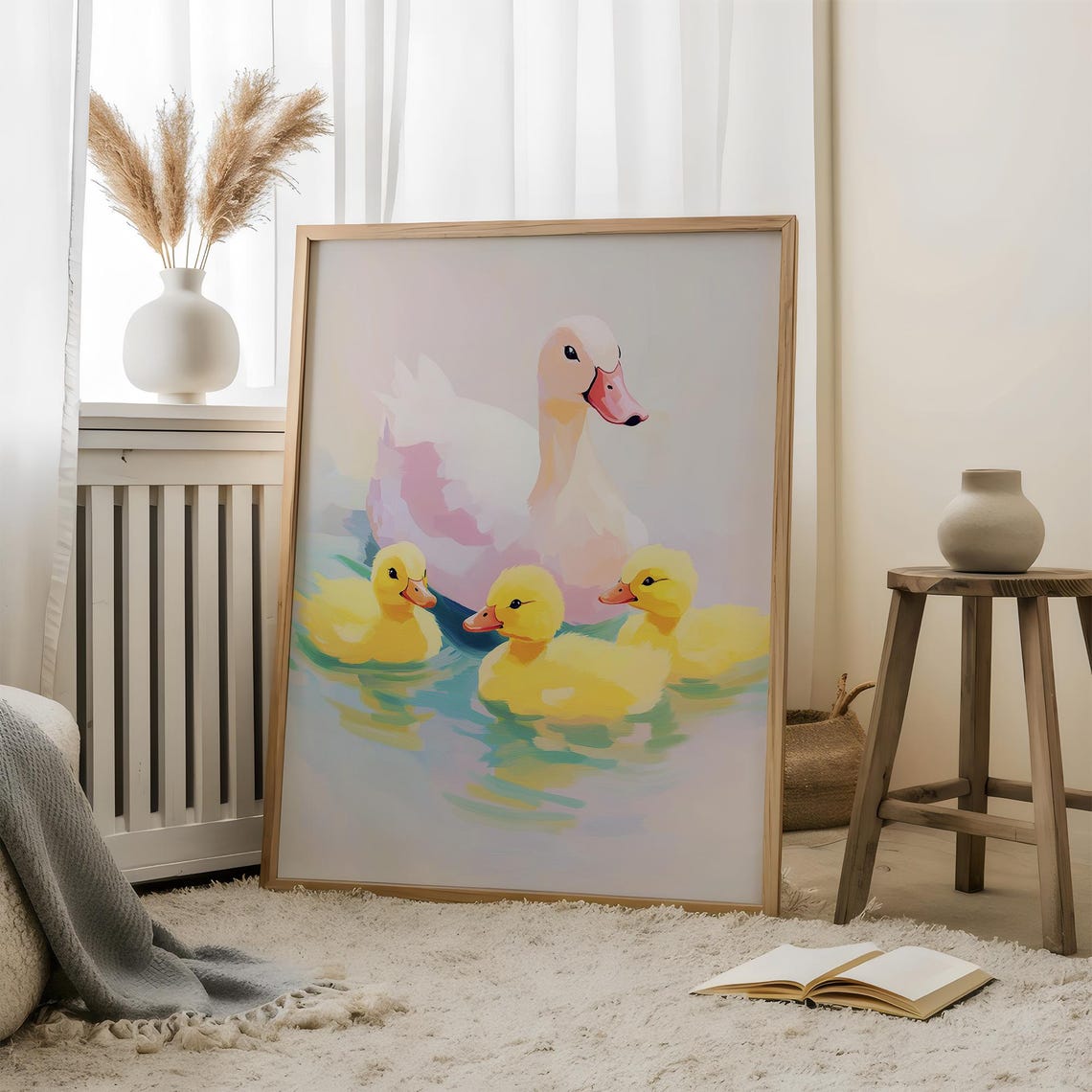 Pastel Mama Duck with Yellow Ducklings Swimming Cute Nursery Poster - Image 4