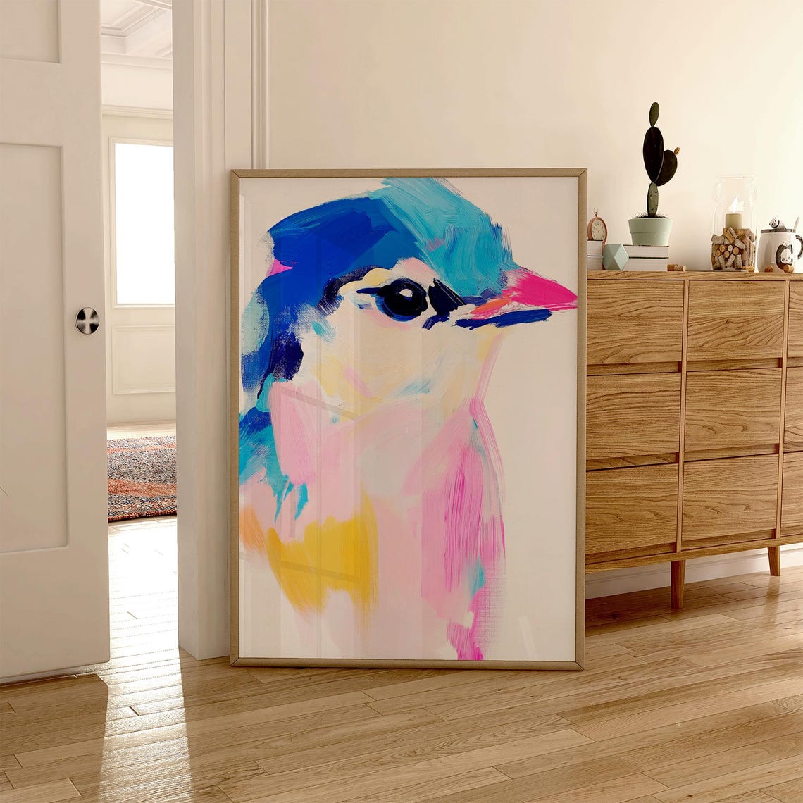 Colorful Abstract Bird Head in Blue Pink Modern Bird Decor Poster - Image 6