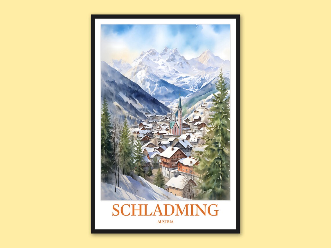 Schladming Austria Snowy Ski Village Watercolor Travel Poster