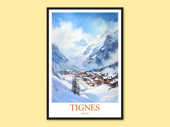 Tignes France Misty Alpine Valley Town Lone Skier Vintage Art Poster