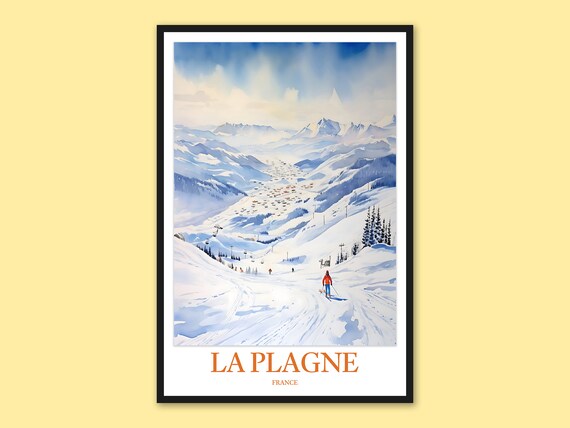 La Plagne France Alpine Valley Skiers Watercolor Travel Poster