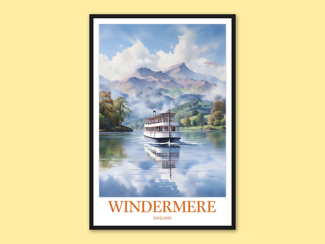 Windermere Lake Steamer Ship Mountain View England Travel Poster