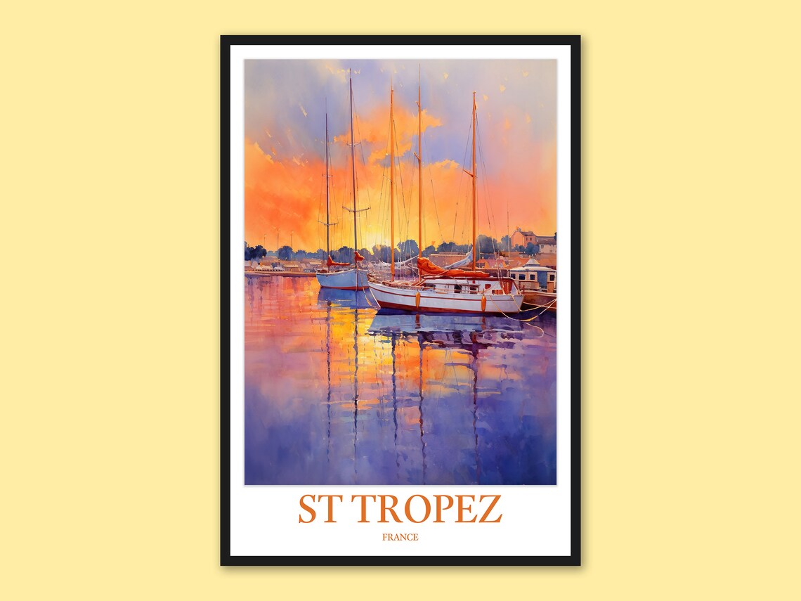 St Tropez France Fiery Orange Sunset Sailboats Reflection Poster