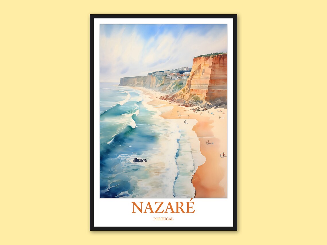 Nazaré Portugal Golden Beach Cliffs Watercolor Travel Poster