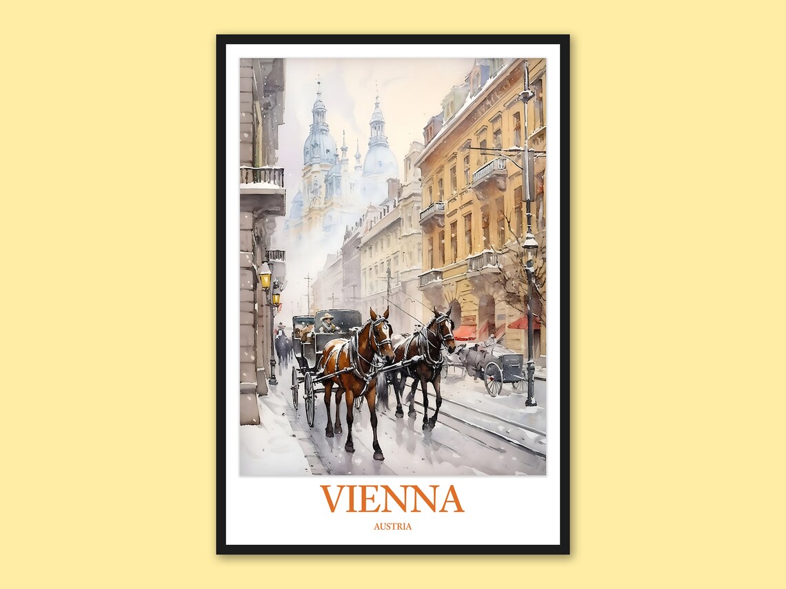 Vienna Austria Winter Carriage Scene Watercolor Street Art Poster