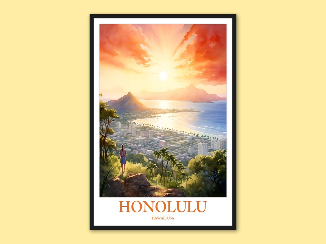 Honolulu Hawaii Sunrise Over Bay Diamond Head Overlook Poster