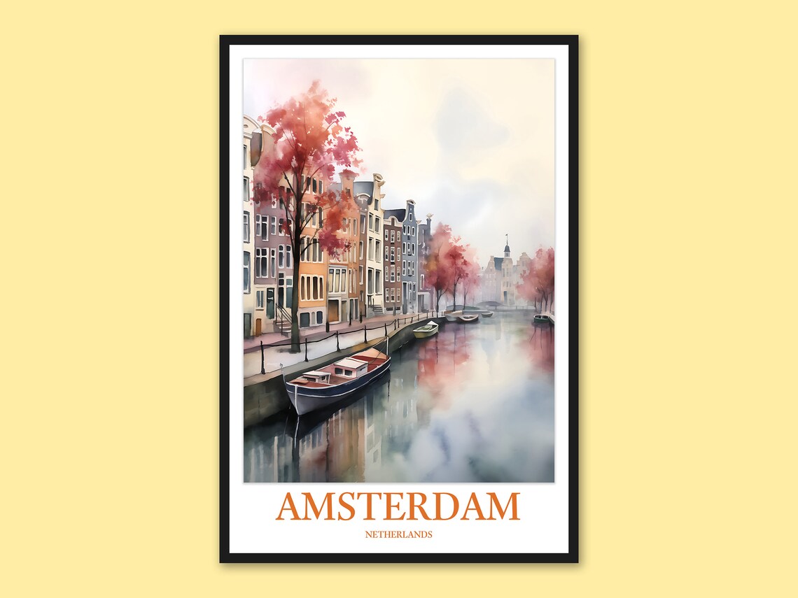 Amsterdam Canal Pink Blossom Trees Watercolor Travel Art Poster