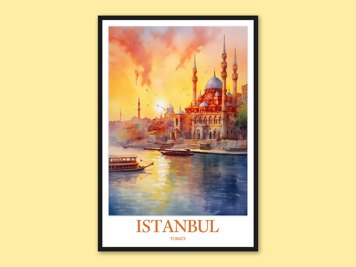 Istanbul Turkey Mosque Waterfront Sunset Watercolor Travel Poster