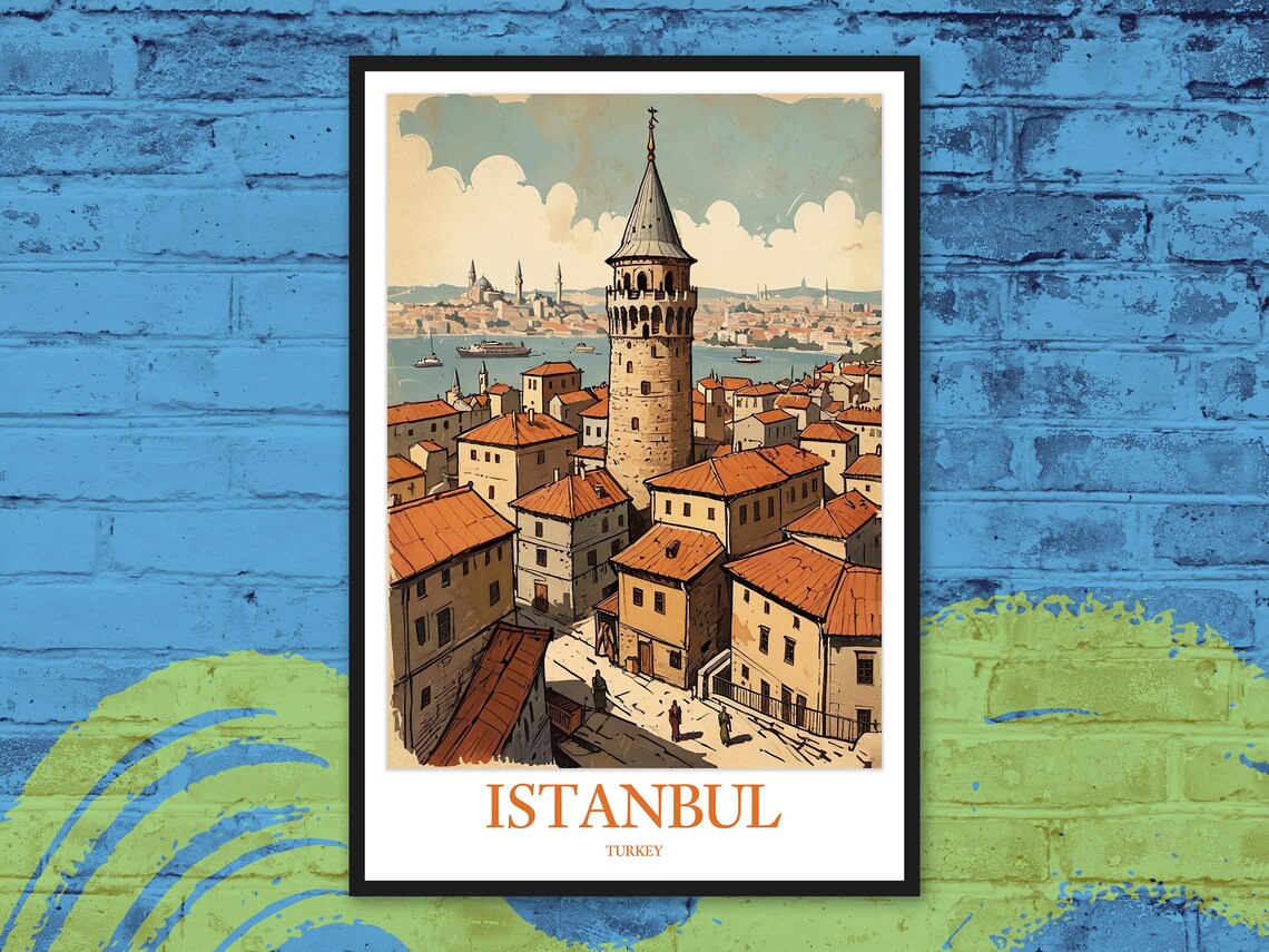 Istanbul Galata Tower Old Town Retro Travel Illustration Poster