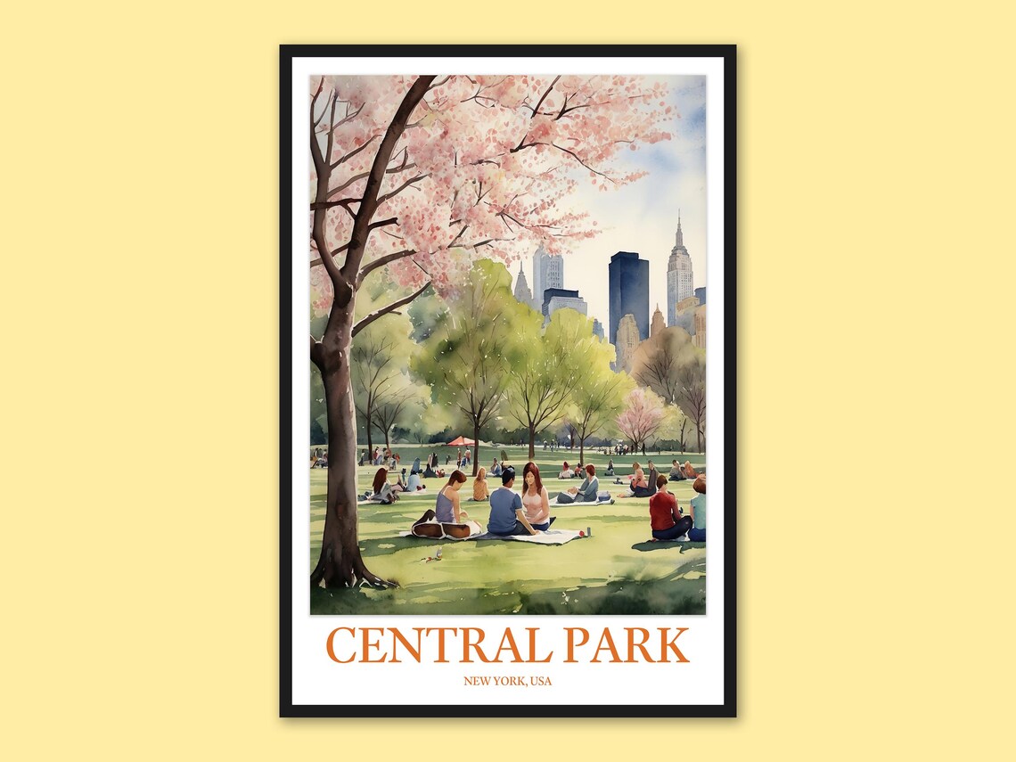 Central Park Cherry Blossom Picnic Sunny Lawn New York Travel Poster