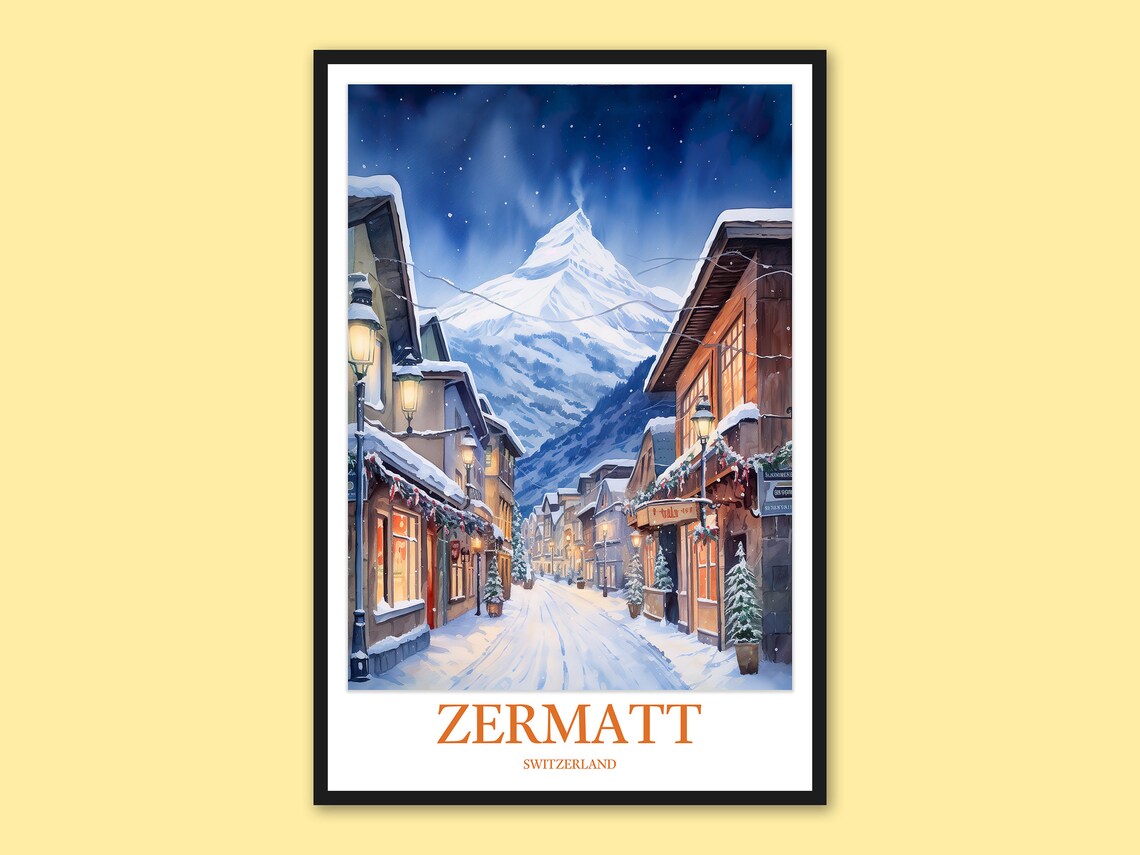 Zermatt Snowy Village Street Starry Night Winter Travel Poster