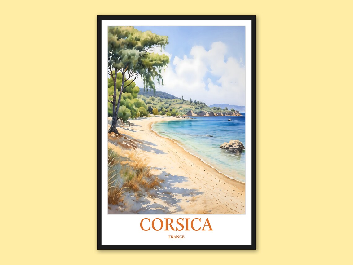 Corsica Sandy Beach Turquoise Water Watercolor Travel Poster
