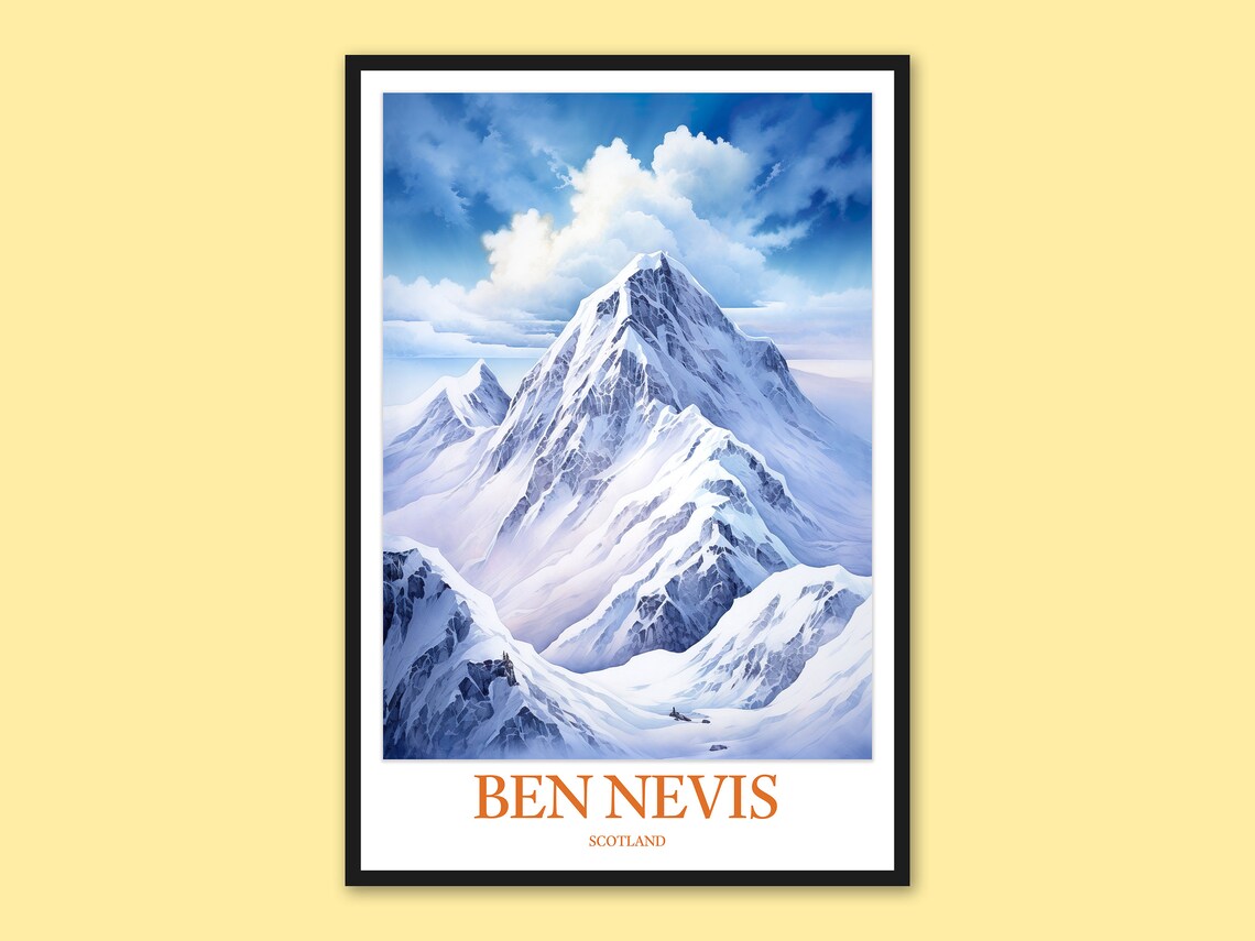 Ben Nevis Scotland Snowy Peak Clouds Alpine Watercolor Travel Poster