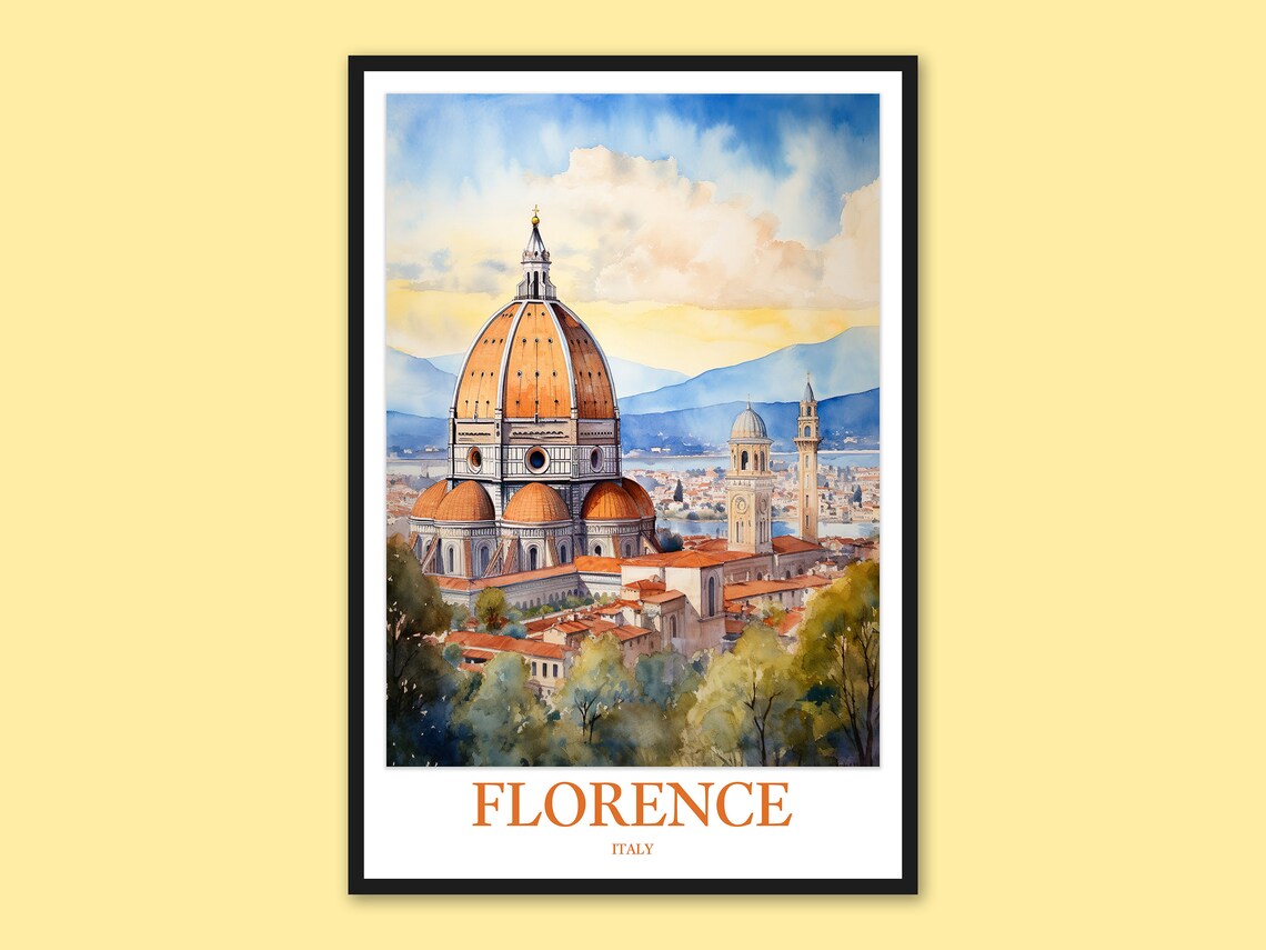 Florence Italy Duomo Cathedral Sunset Watercolor Travel Poster