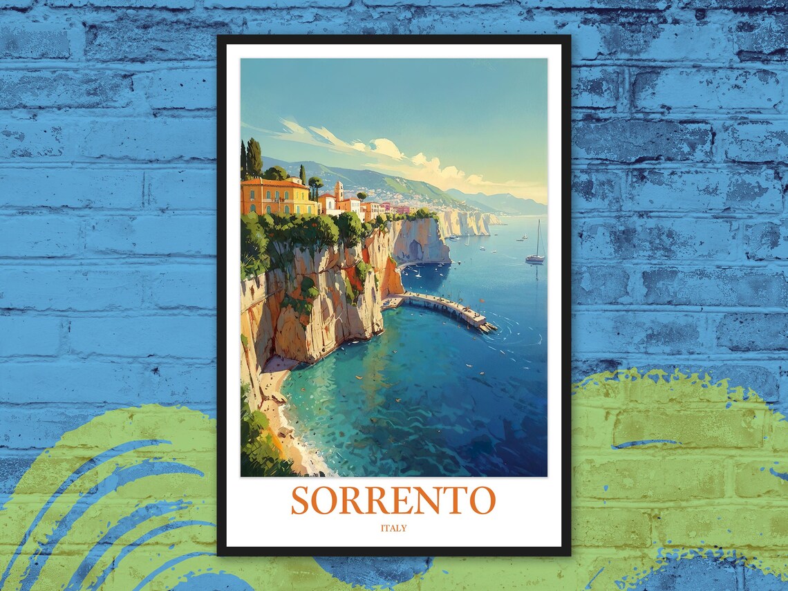 Sorrento Italy Cliffside Marina Bay Of Naples Vintage Travel Poster