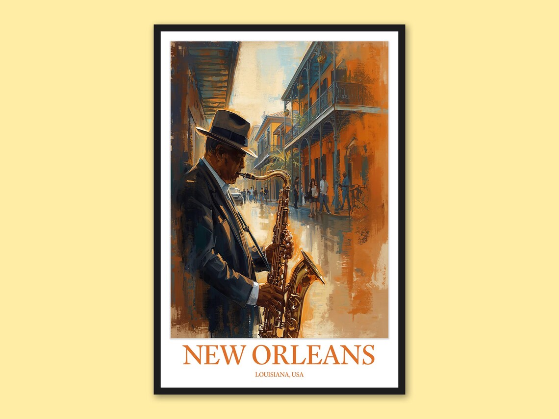 New Orleans French Quarter Saxophone Street Scene Jazz Travel Poster