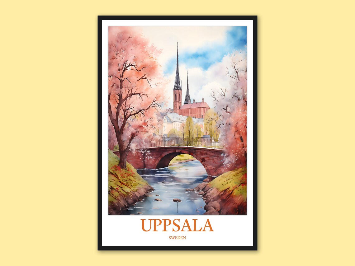 Uppsala Sweden Watercolor Travel Poster Bridge and Cathedral in Bloom
