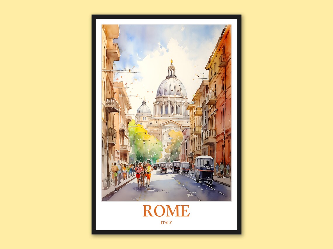 Rome Italy St Peter's Dome Bustling Street Scene Watercolor Poster