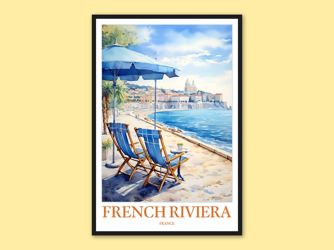 French Riviera Parasol Deckchairs Watercolor Coastal Travel Poster