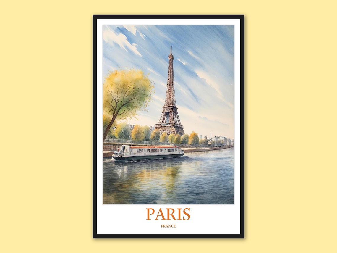 Paris Eiffel Tower Autumn Riverboat Watercolor Travel Poster