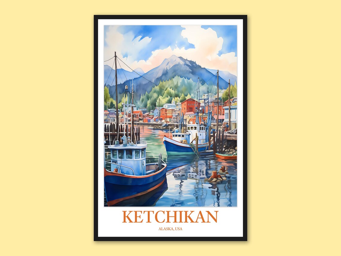 Ketchikan Alaska Colorful Fishing Harbor Watercolor Scene Poster