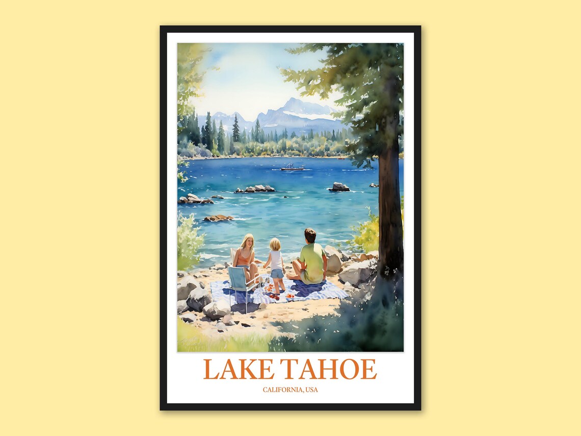 Lake Tahoe California Family Beach Day Watercolor Scenic Poster