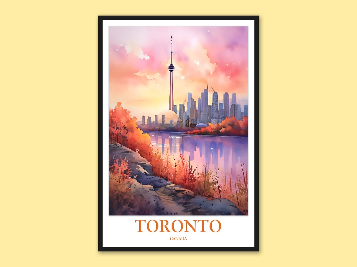 Toronto Canada Watercolor Skyline Sunset CN Tower Travel Poster