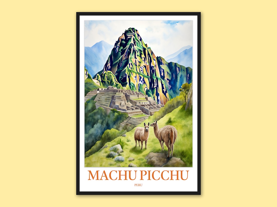 Machu Picchu Peru Llamas Watercolor Andean Ruins Travel Poster