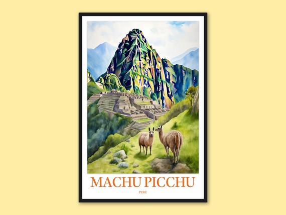 Machu Picchu Peru Llamas Watercolor Andean Ruins Travel Poster