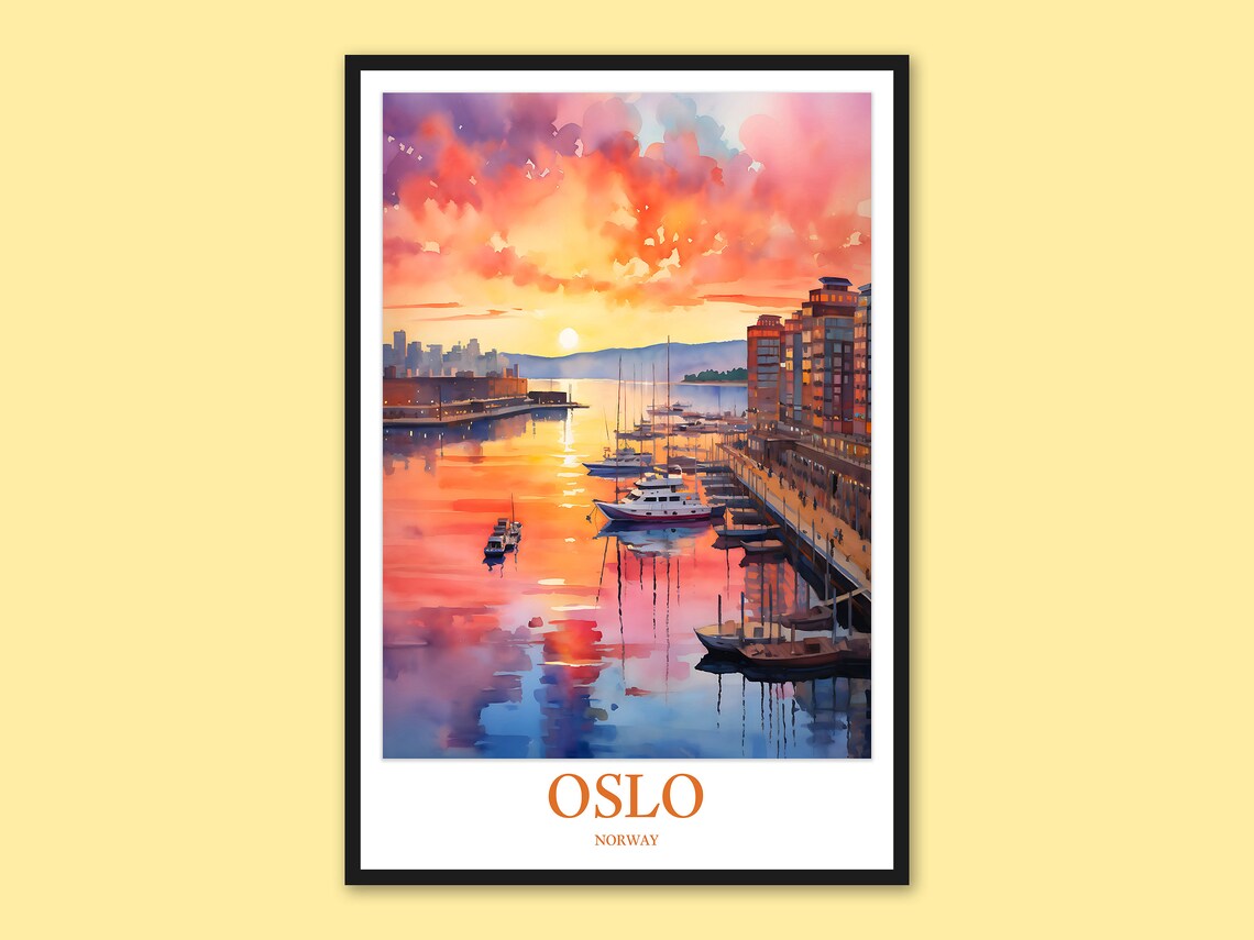 Oslo Harbor Sunset Over Water Watercolor Norway Travel Poster