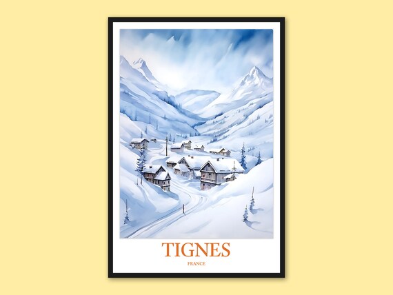 Tignes France Snowy Alpine Village Watercolor Art Travel Poster