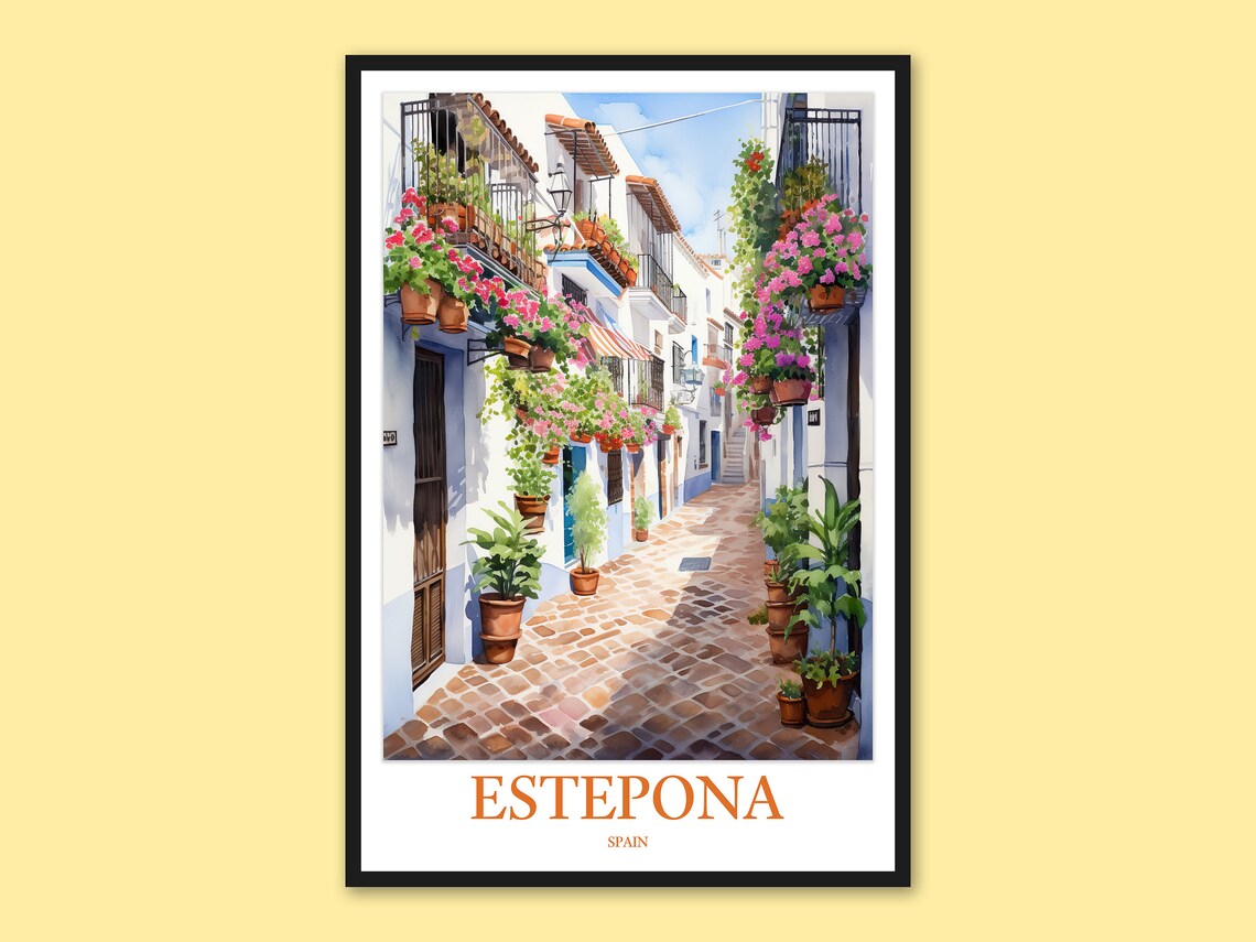 Estepona Spain Watercolor Cobbled Street with Flowers Travel Poster