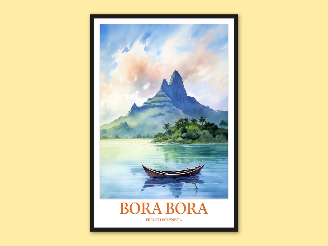 Bora Bora Kayaker Mount Otemanu Calm Turquoise Lagoon Day Poster