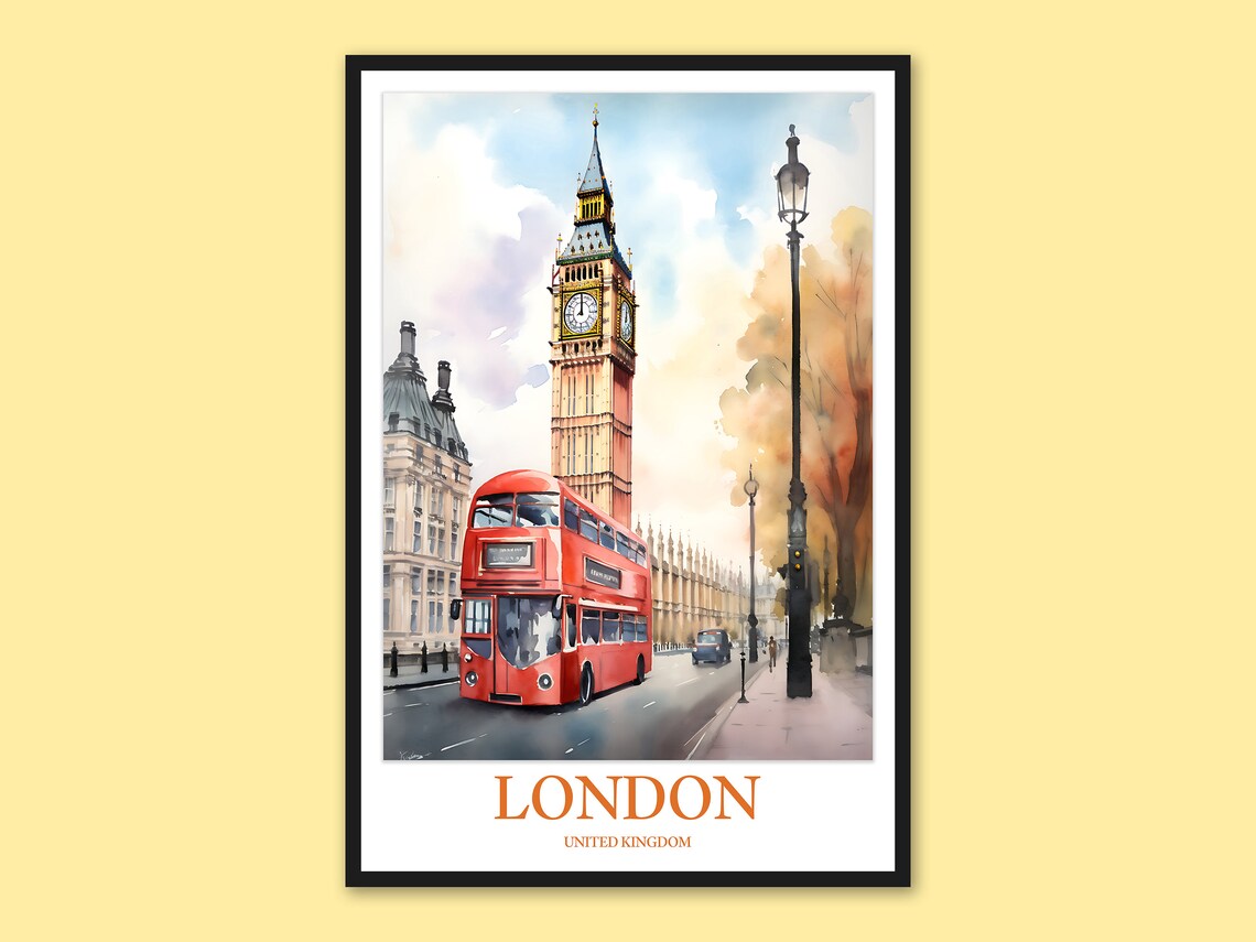 London Big Ben Red Double Decker Bus Watercolor Travel Poster