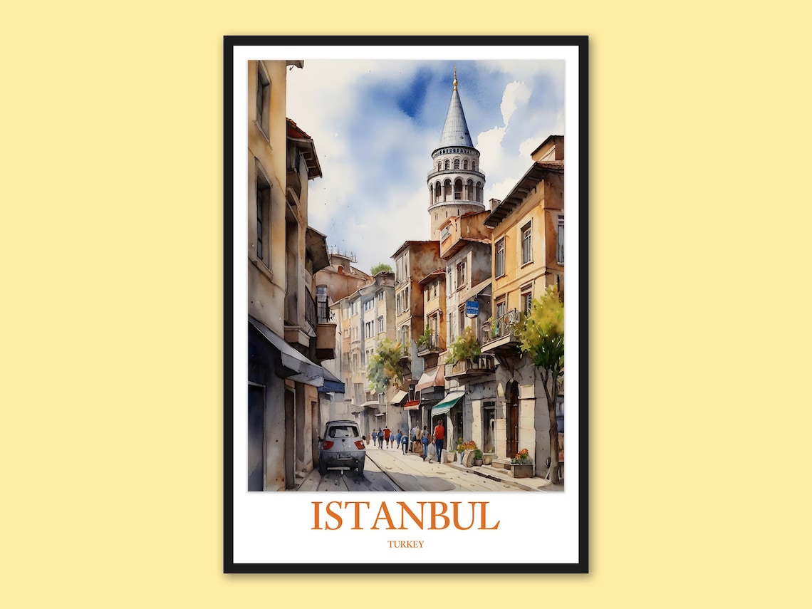 Istanbul Galata Tower Charming Old Street Watercolor Travel Poster