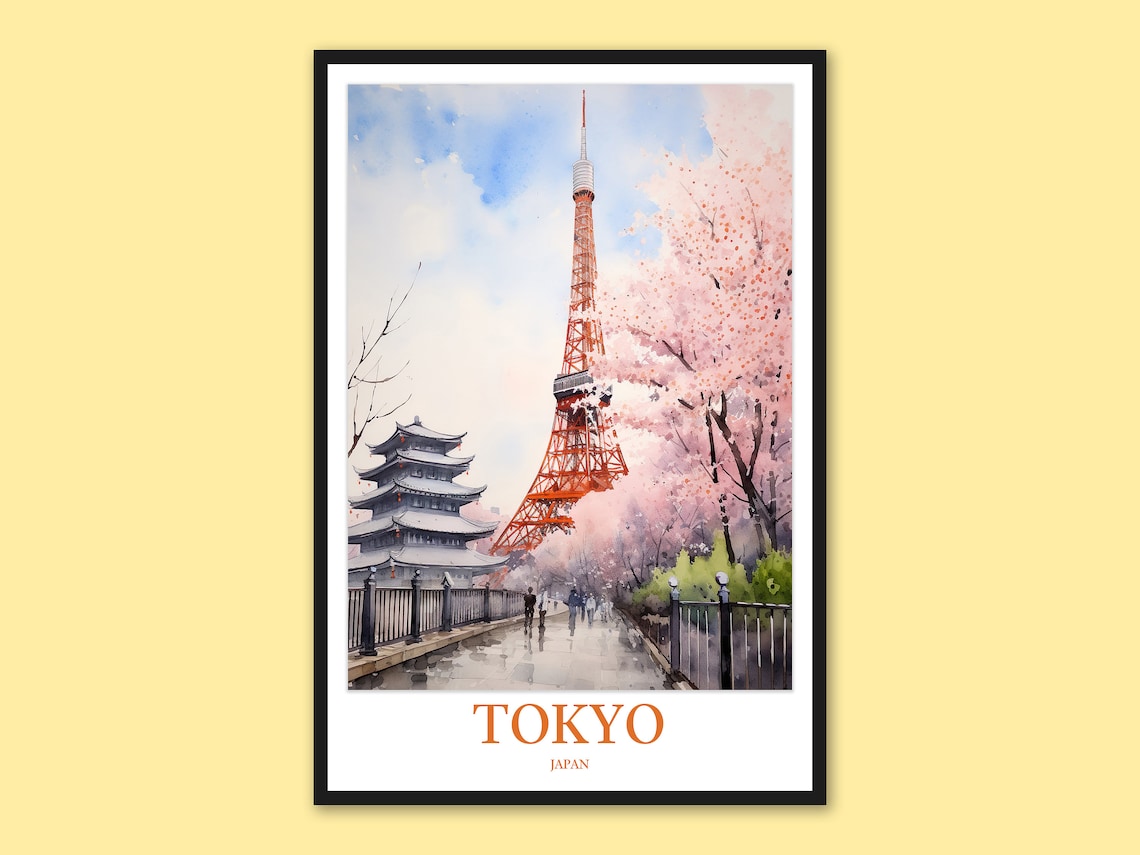 Tokyo Tower with Cherry Blossoms Watercolor Japan Travel Poster