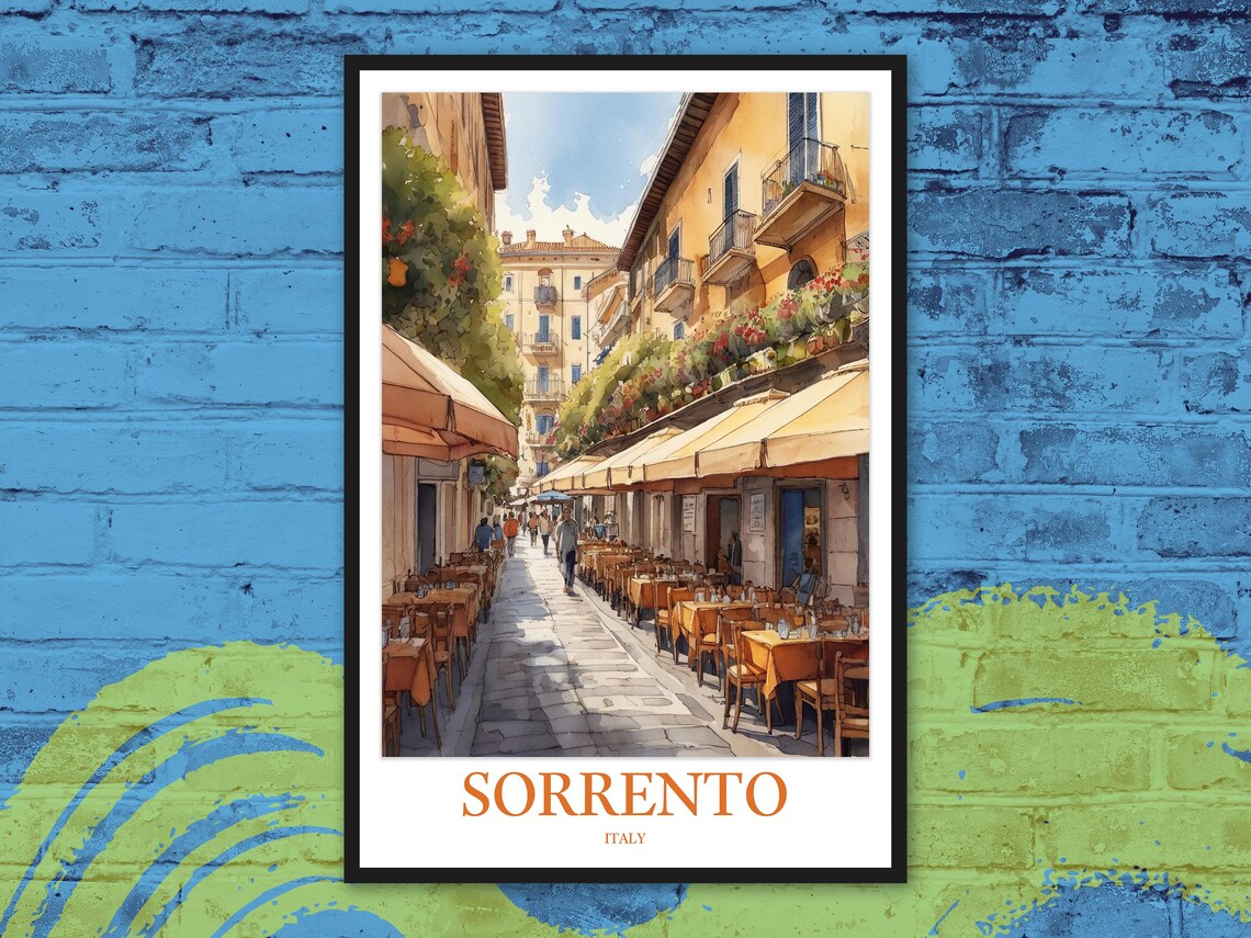Sorrento Italy Watercolor Sidewalk Cafes Umbrellas Travel Poster