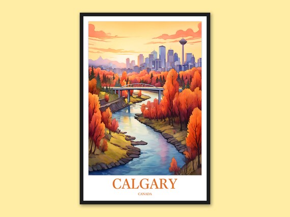 Calgary Autumn River Bridge Tower Fall Foliage Travel Poster