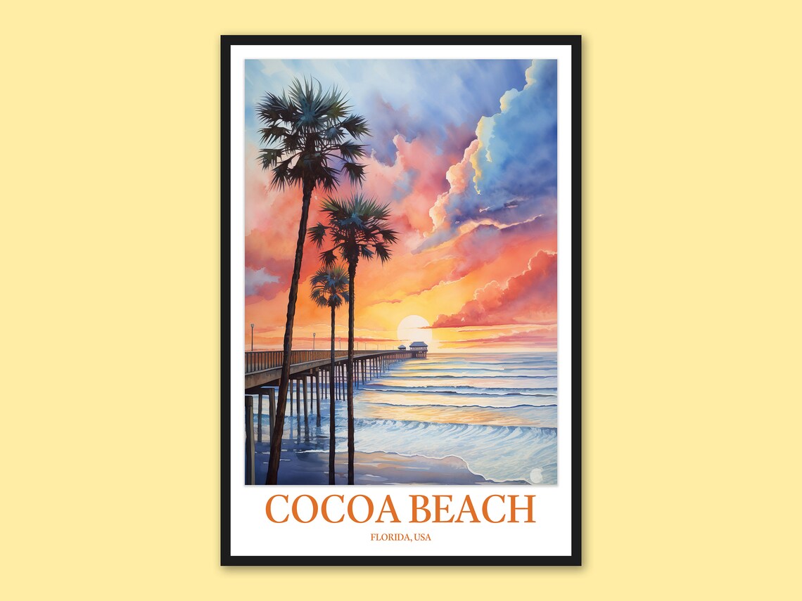 Cocoa Beach Florida Fishing Pier and Palms Sunset Ocean Poster
