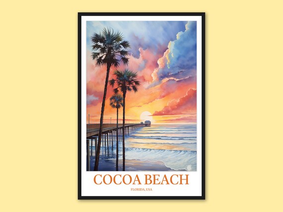 Cocoa Beach Florida Fishing Pier and Palms Sunset Ocean Poster